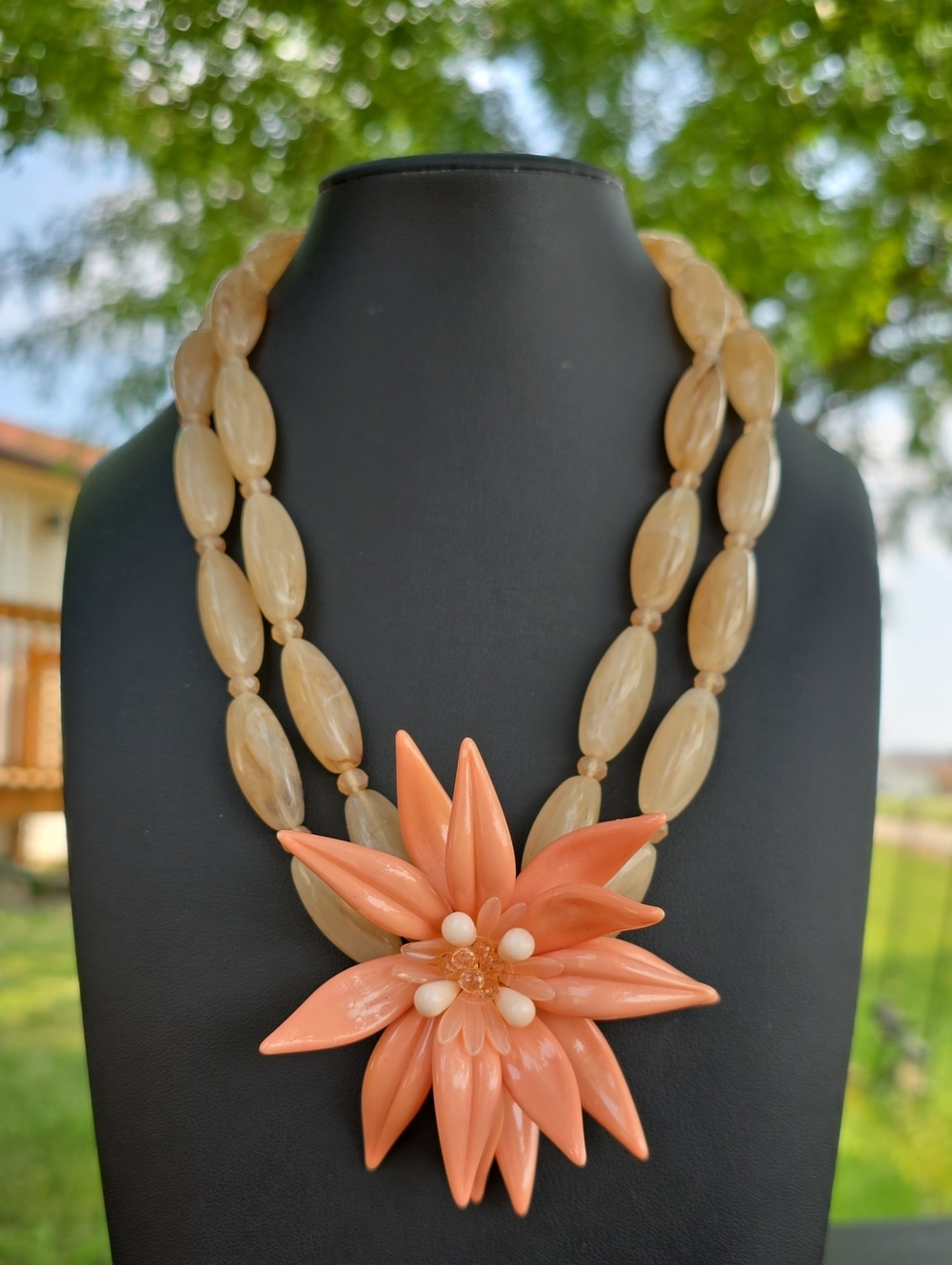 Peach Floral Statement Necklace with Double-Strand Beads - Women Jewelry
